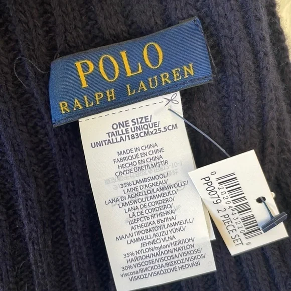 Brand New Polo Ralph Lauren 2-Piece Wool Hat & Scarf Set Navy Blue Deep Red Pony
